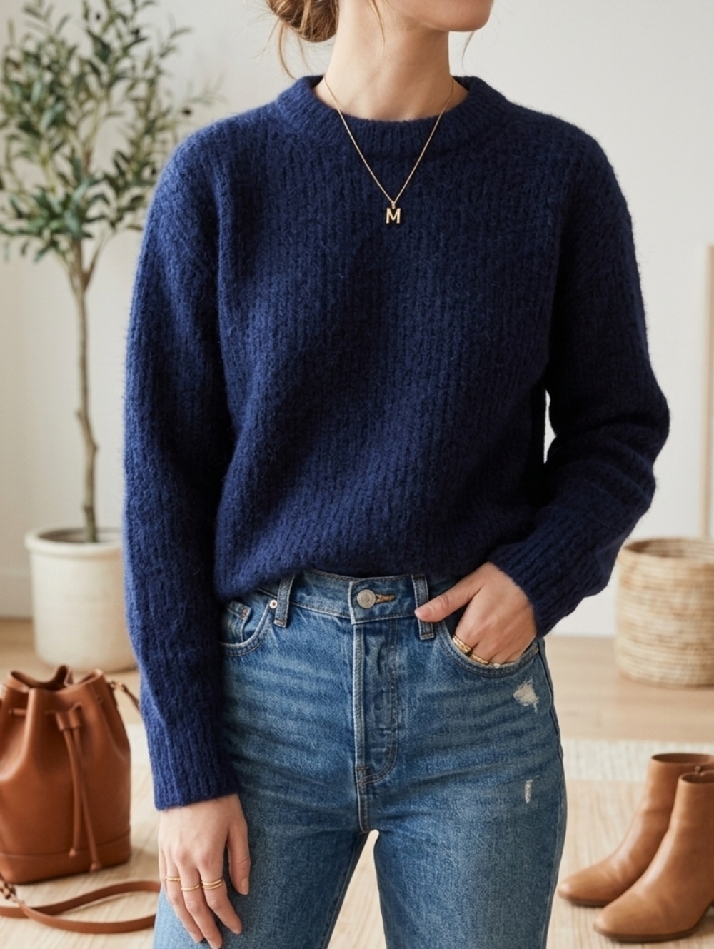 Everlane Alpaca Blend Oversized Crewneck Sweater - Navy Blue - XXS
